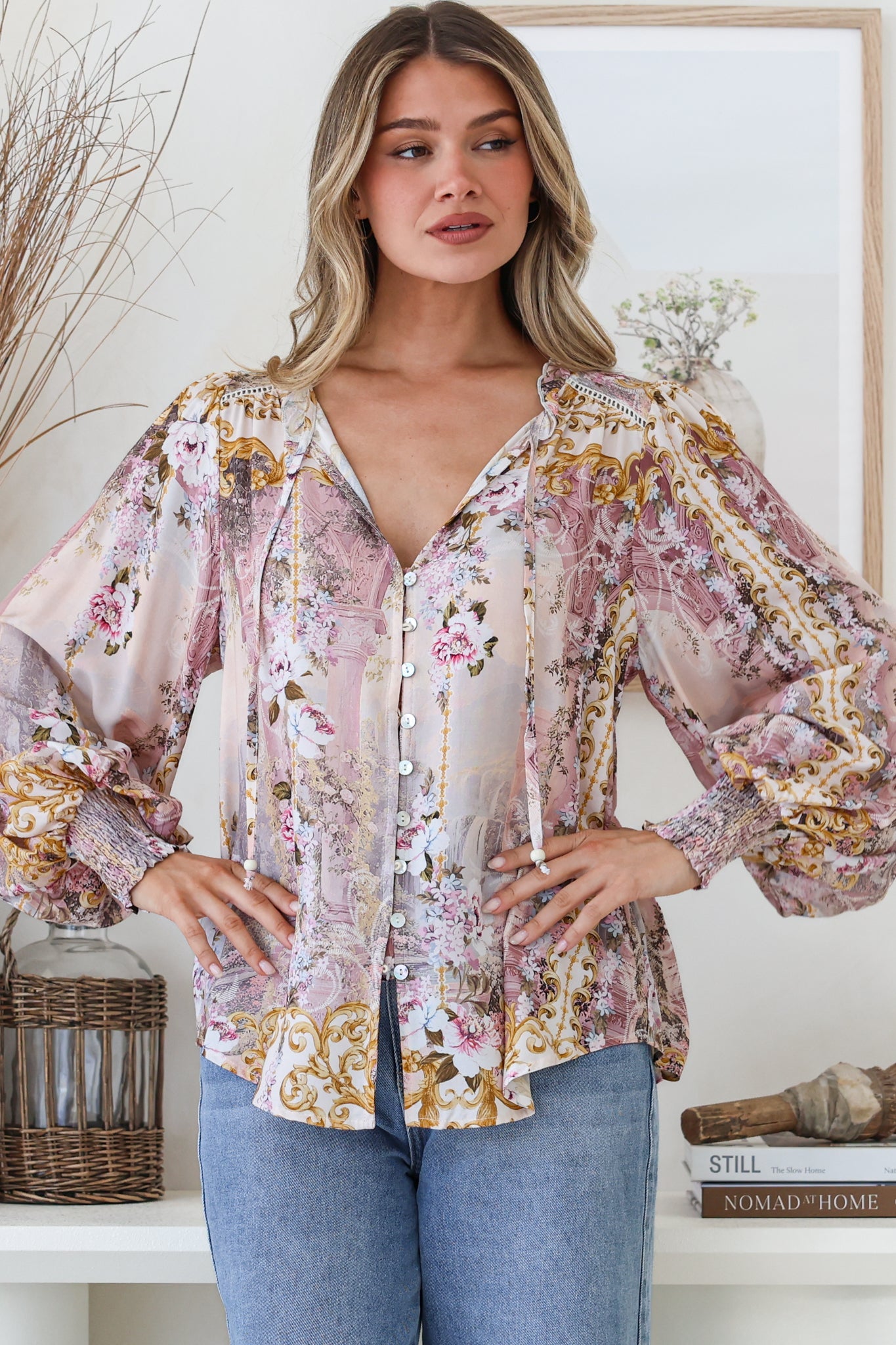 Violet Blouse - Frill Collar Button Down Balloon Sleeve Top in Baroque Print