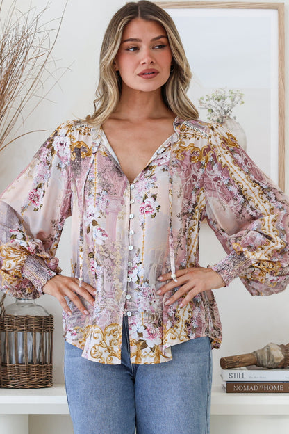 Violet Blouse - Frill Collar Button Down Balloon Sleeve Top in Baroque Print