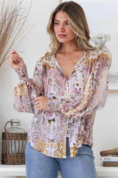 Violet Blouse - Frill Collar Button Down Balloon Sleeve Top in Baroque Print