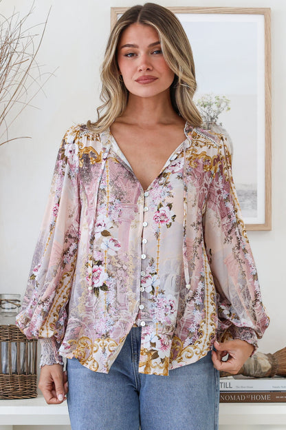 Violet Blouse - Frill Collar Button Down Balloon Sleeve Top in Baroque Print