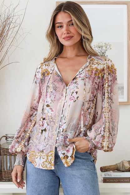 Violet Blouse - Frill Collar Button Down Balloon Sleeve Top in Baroque Print