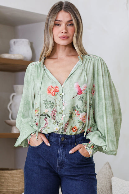Violet Blouse - Frill Collar Button Down Balloon Sleeve Blouse in Ferngully Print