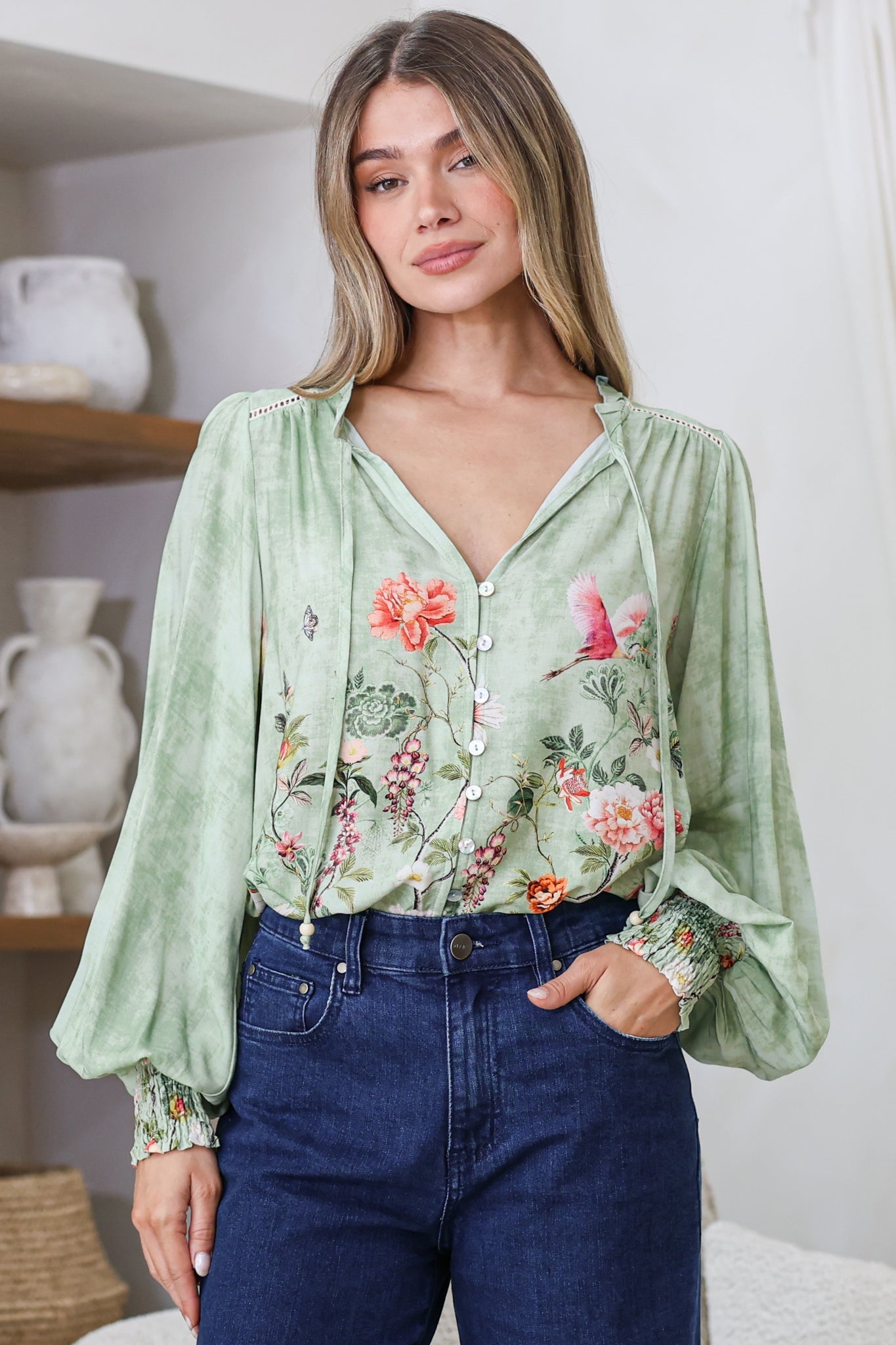 Violet Blouse - Frill Collar Button Down Balloon Sleeve Blouse in Ferngully Print
