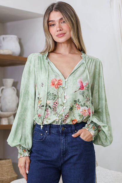 Violet Blouse - Frill Collar Button Down Balloon Sleeve Blouse in Ferngully Print