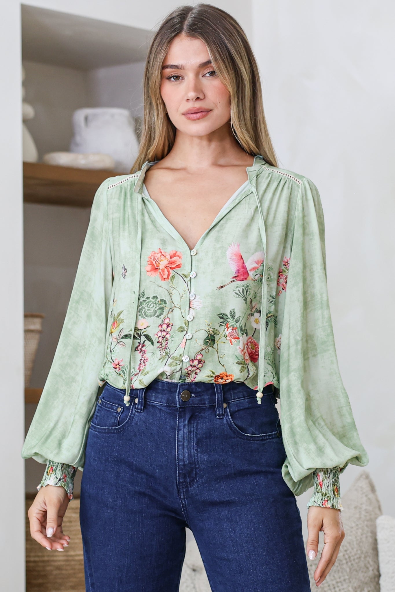Violet Blouse - Frill Collar Button Down Balloon Sleeve Blouse in Ferngully Print