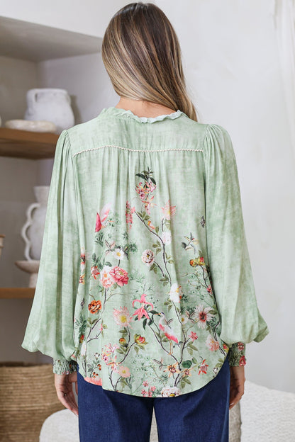 Violet Blouse - Frill Collar Button Down Balloon Sleeve Blouse in Ferngully Print