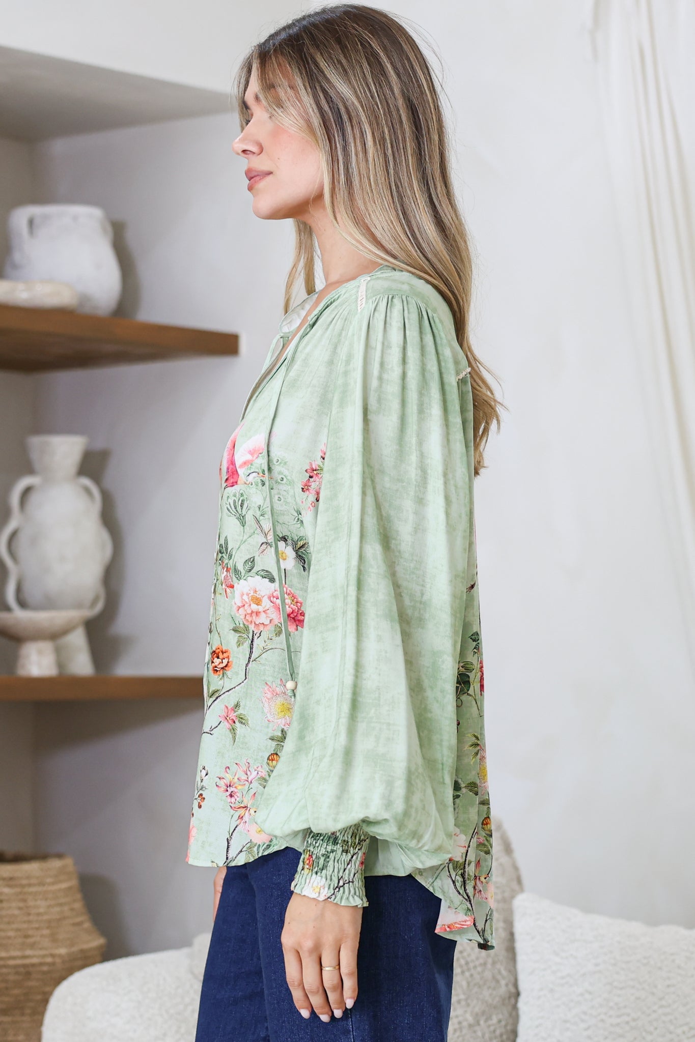 Violet Blouse - Frill Collar Button Down Balloon Sleeve Blouse in Ferngully Print