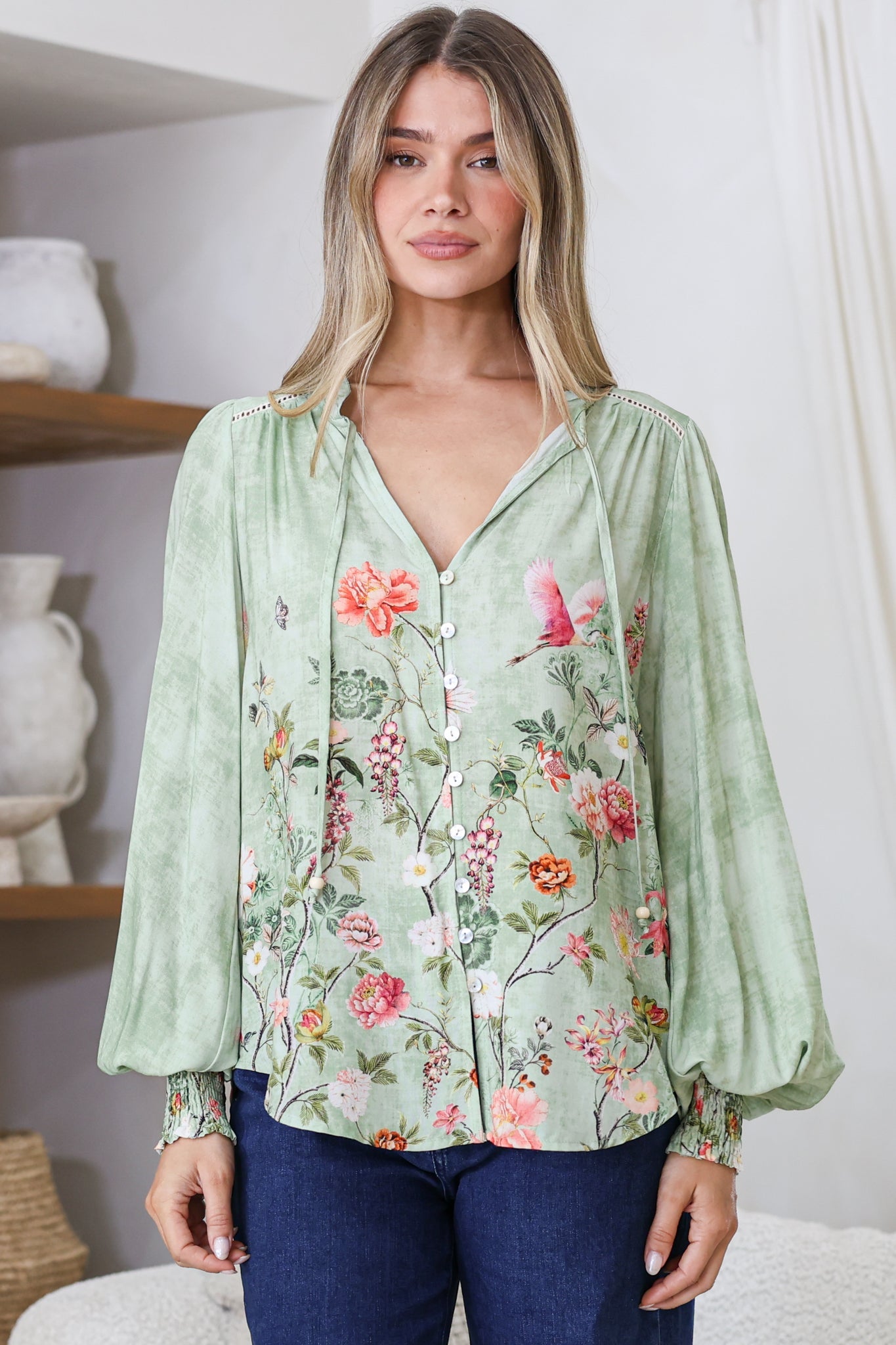 Violet Blouse - Frill Collar Button Down Balloon Sleeve Blouse in Ferngully Print