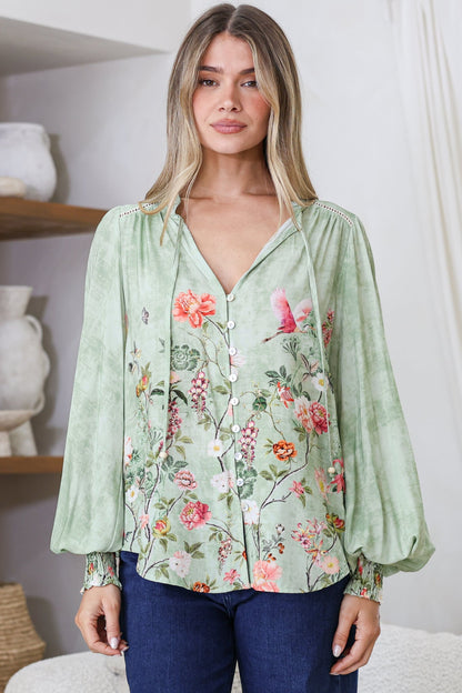 Violet Blouse - Frill Collar Button Down Balloon Sleeve Blouse in Ferngully Print