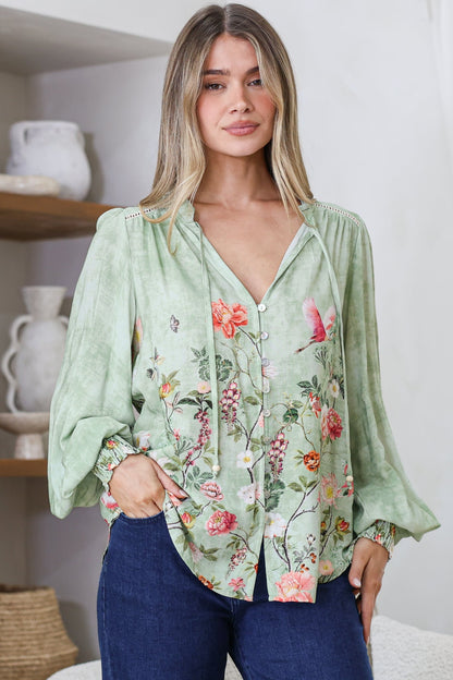 Violet Blouse - Frill Collar Button Down Balloon Sleeve Blouse in Ferngully Print