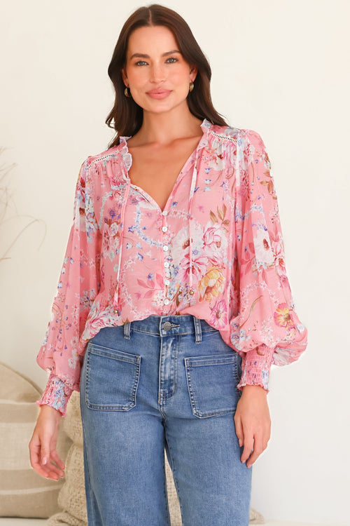 Violet Blouse - Frill Collar Button Down Balloon Sleeve Blouse In Ginnee Print