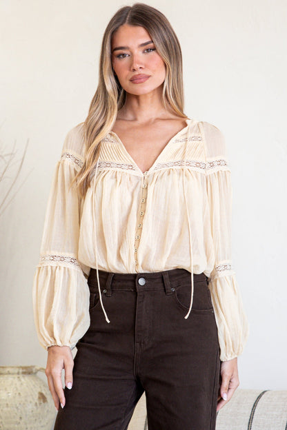 Vivianne Blouse - V Neck Lace Detailed Button Down with Balloon Sleeves in Cream