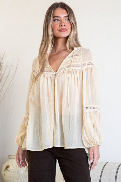 Vivianne Blouse - V Neck Lace Detailed Button Down with Balloon Sleeves in Cream