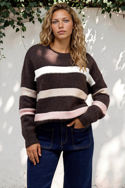 Wendi Jumper - High-Low Stripe Wool Blend Jumper in Chocolate
