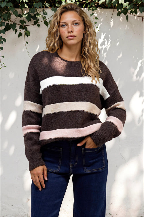 Wendi Jumper - High-Low Stripe Wool Blend Jumper in Chocolate