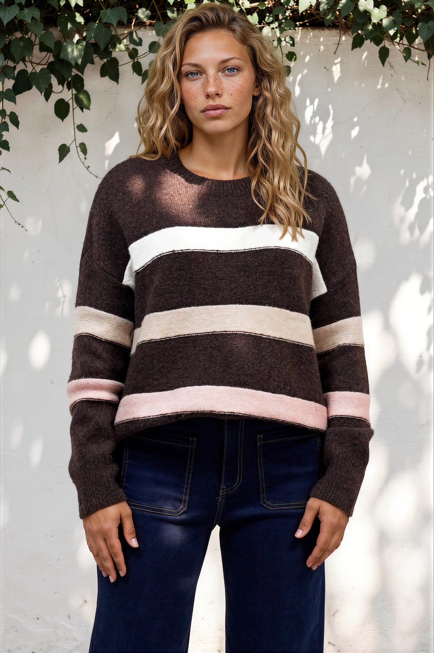 Wendi Jumper - High-Low Stripe Wool Blend Jumper in Chocolate
