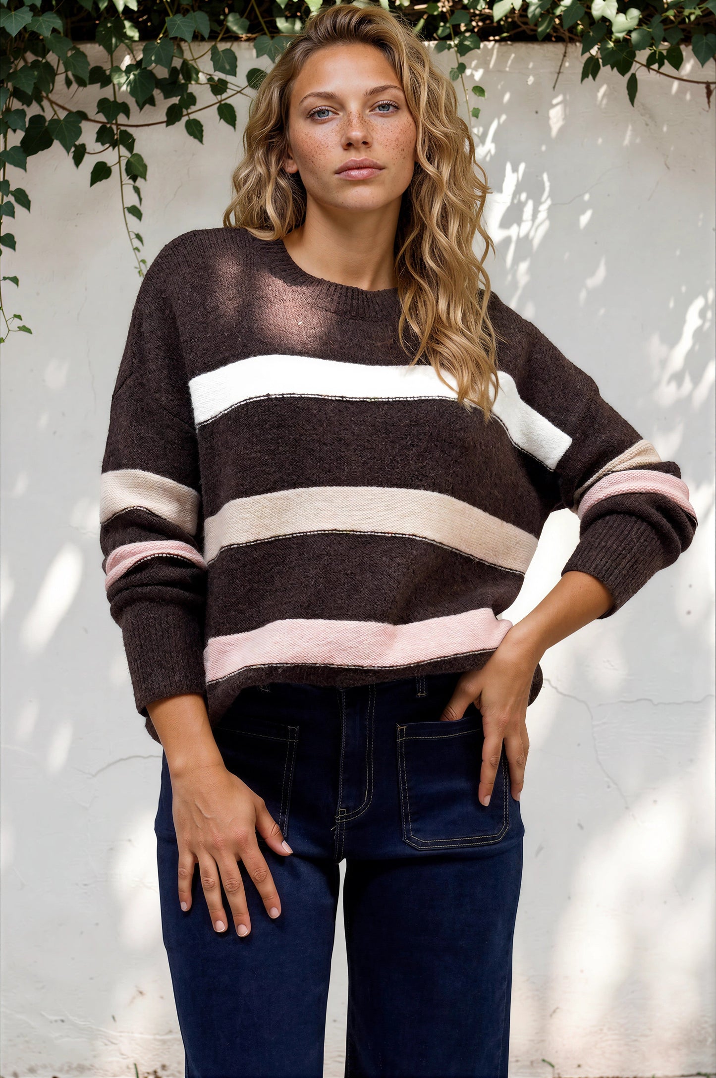 Wendi Jumper - High-Low Stripe Wool Blend Jumper in Chocolate