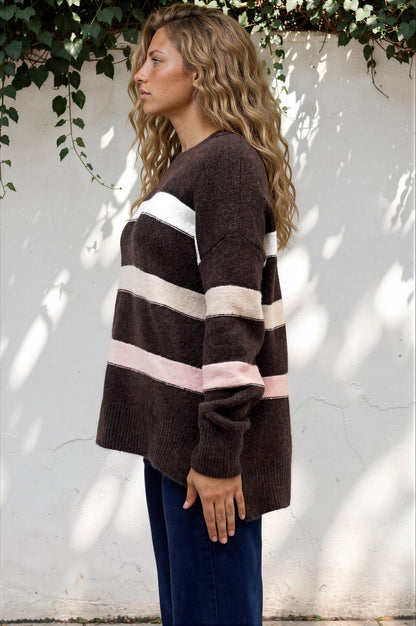 Wendi Jumper - High-Low Stripe Wool Blend Jumper in Chocolate