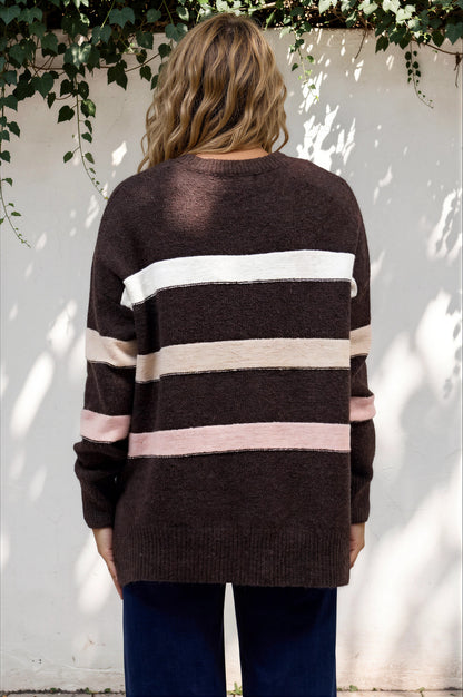 Wendi Jumper - High-Low Stripe Wool Blend Jumper in Chocolate