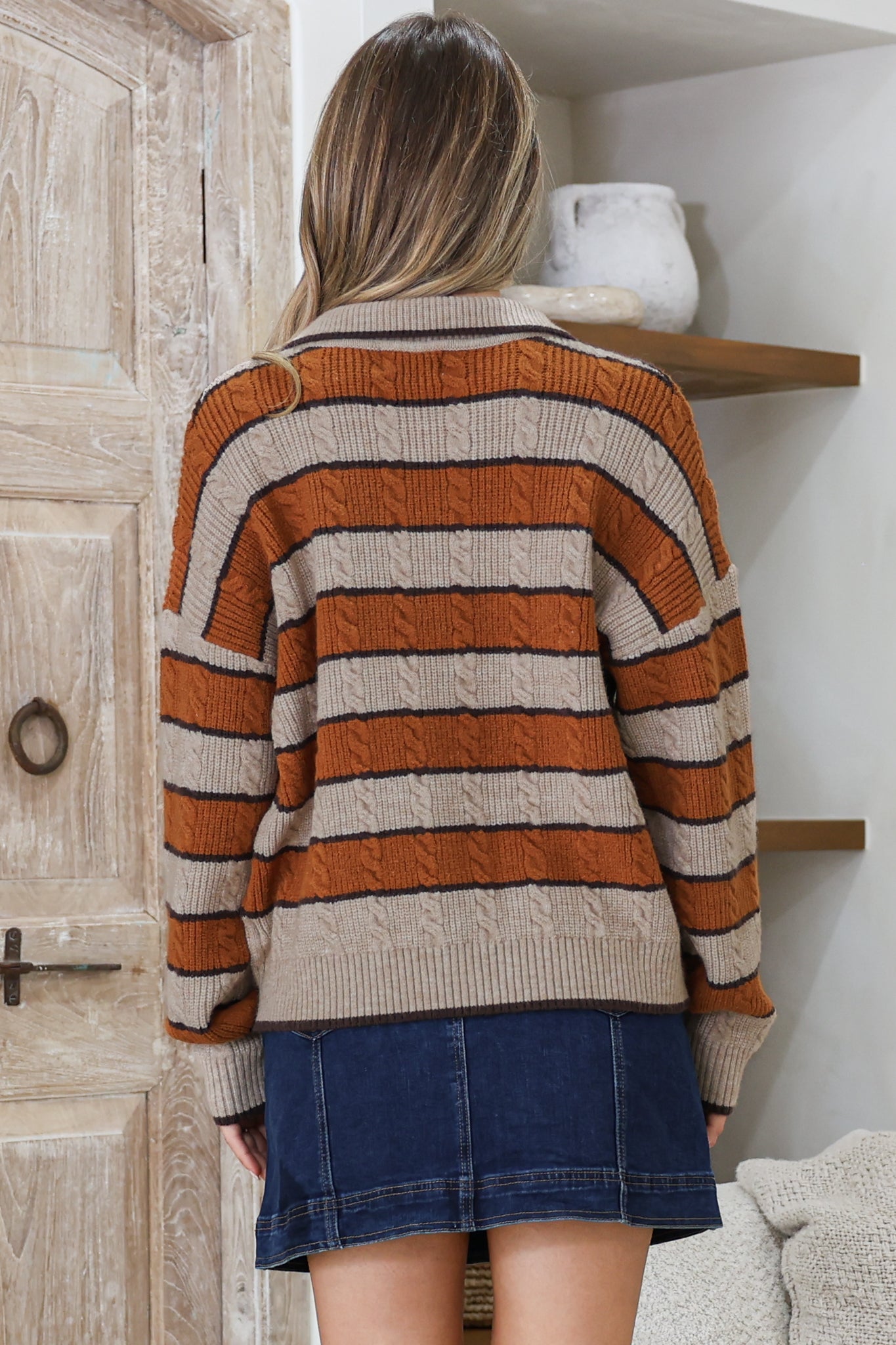 Westley Jumper - Wing Collared Striped Cable Knit with Buttoned Neckline in Taupe