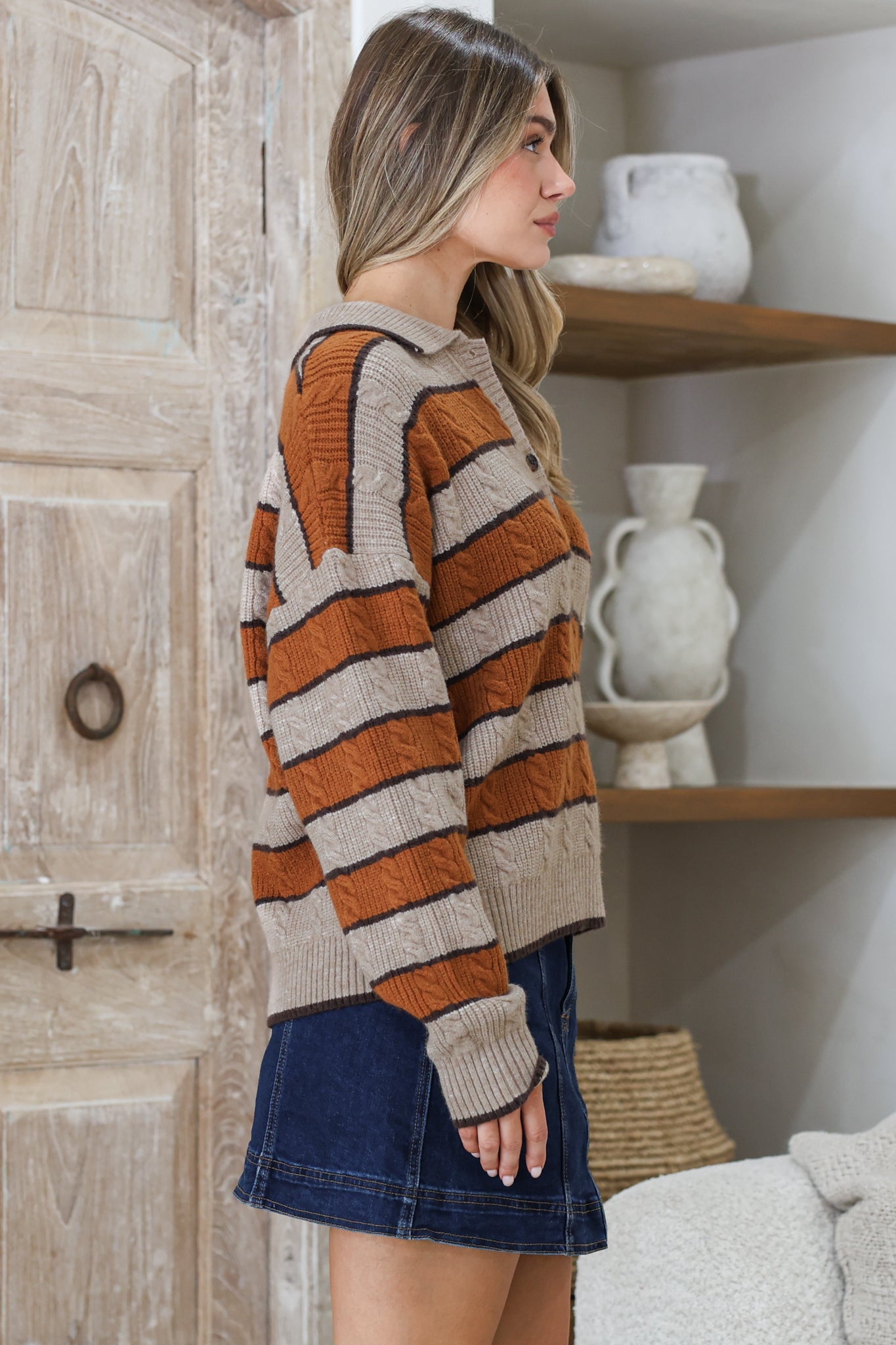 Westley Jumper - Wing Collared Striped Cable Knit with Buttoned Neckline in Taupe