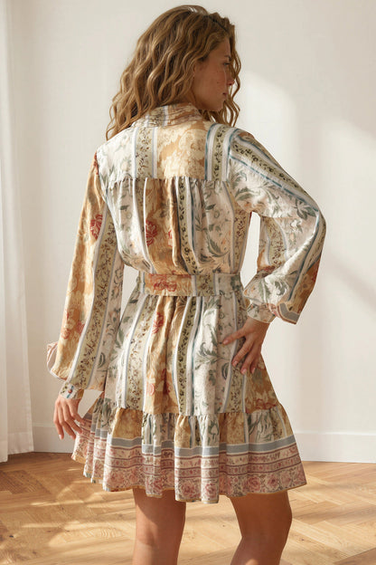Cara Mini Dress - High Collar Buttoned Bodice Long Sleeve Dress with Matching Belt in Lyla Print