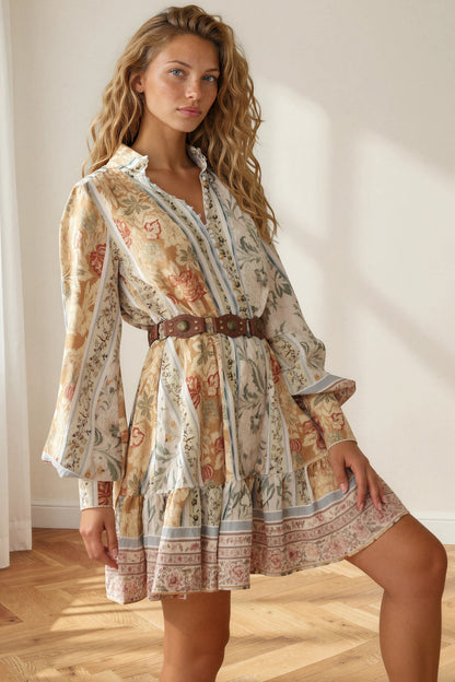 Cara Mini Dress - High Collar Buttoned Bodice Long Sleeve Dress with Matching Belt in Lyla Print