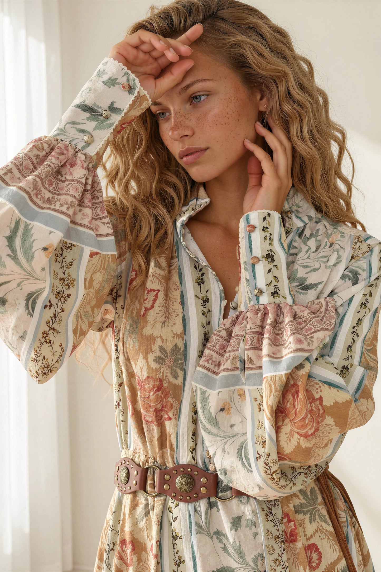 Cara Mini Dress - High Collar Buttoned Bodice Long Sleeve Dress with Matching Belt in Lyla Print