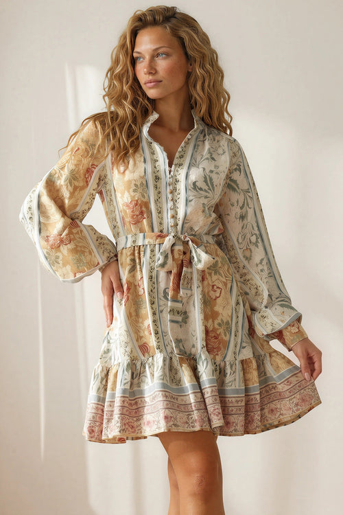 Cara Mini Dress - High Collar Buttoned Bodice Long Sleeve Dress with Matching Belt in Lyla Print