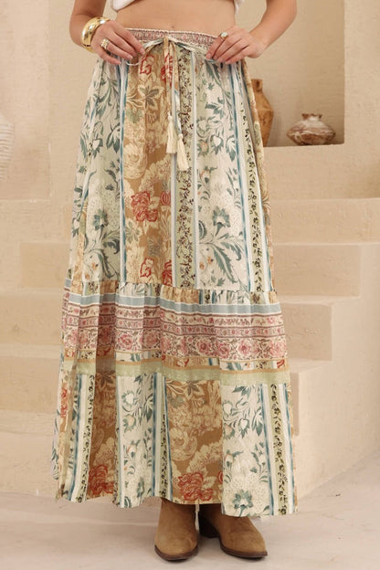 Zia Maxi Skirt - High Waisted Skirt with Tassel Waist Tie and Front Splits in Lyla Print