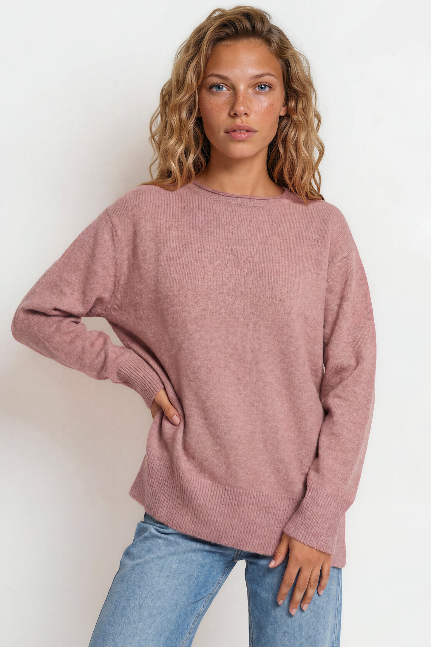 Willow Jumper - Crew Neck Batwing Sleeve Ribbed Step Hemline Knit in Pink