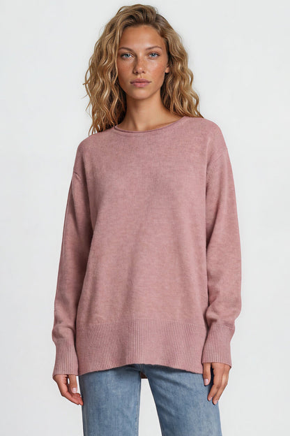 Willow Jumper - Crew Neck Batwing Sleeve Ribbed Step Hemline Knit in Pink