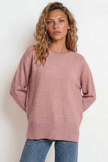 Willow Jumper - Crew Neck Batwing Sleeve Ribbed Step Hemline Knit in Pink
