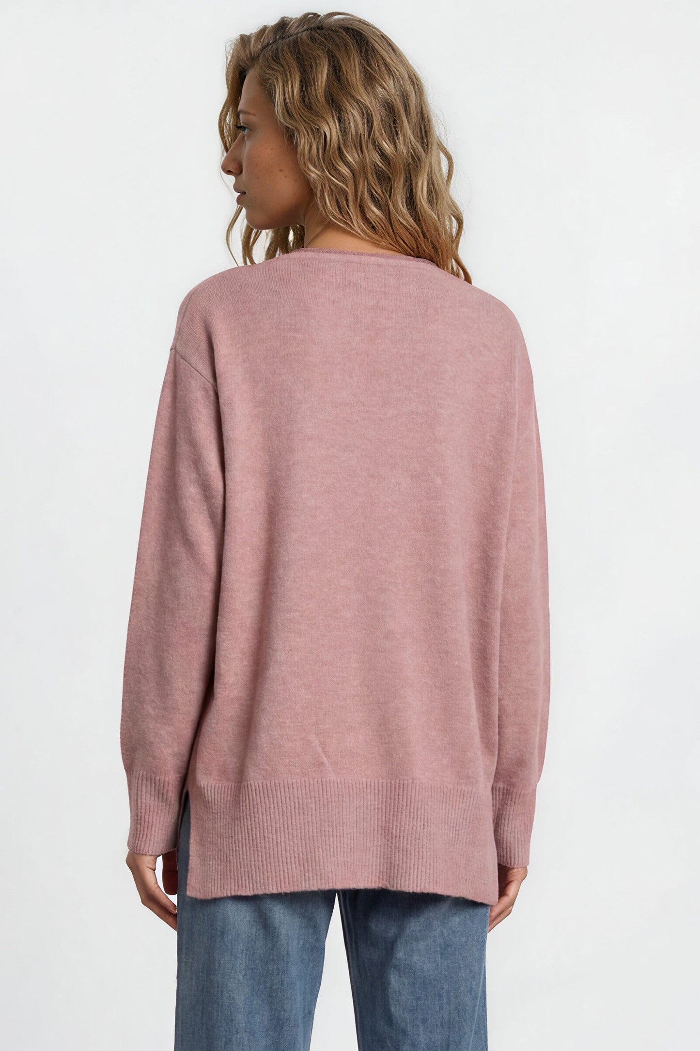 Willow Jumper - Crew Neck Batwing Sleeve Ribbed Step Hemline Knit in Pink