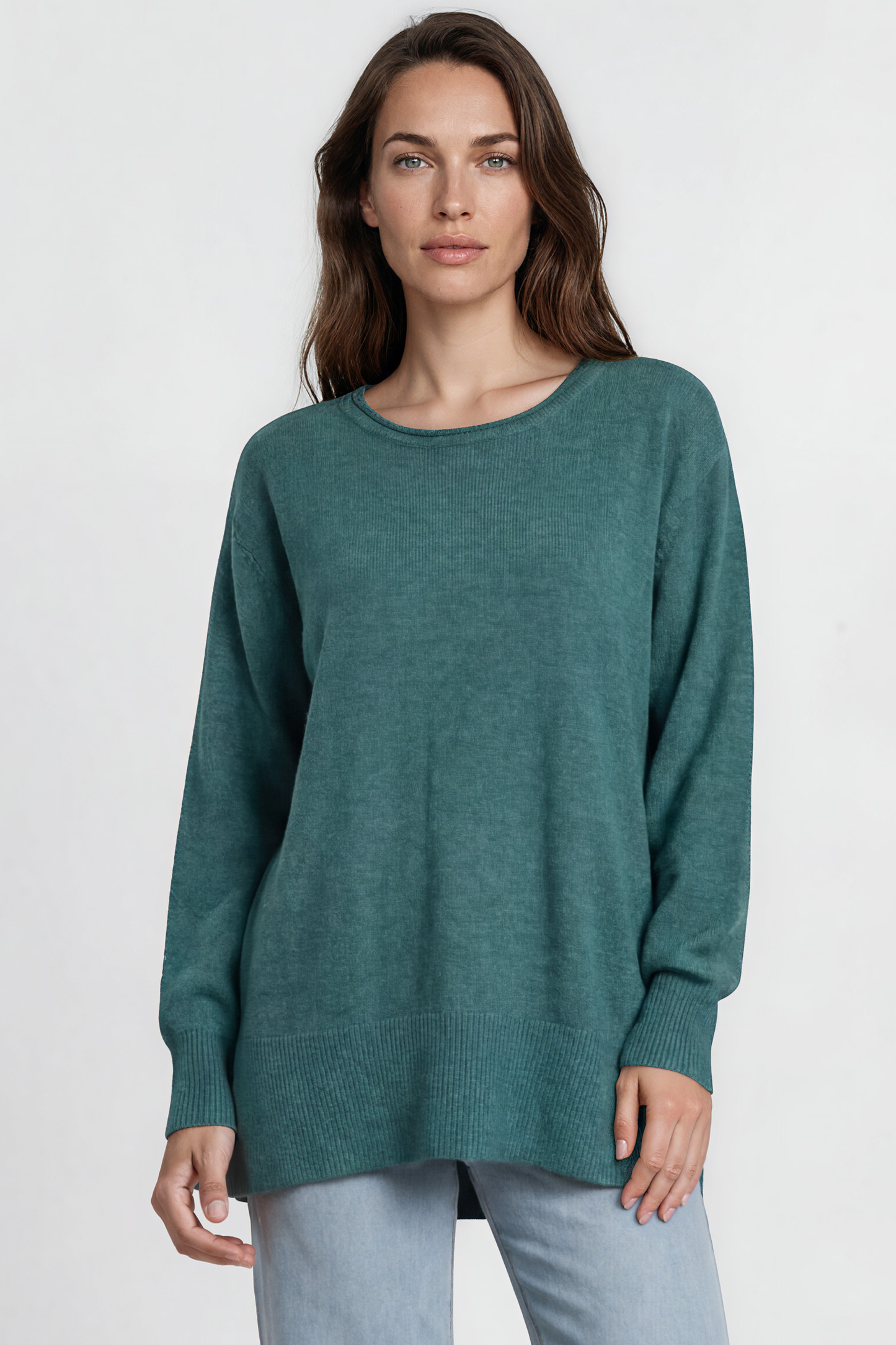 Willow Jumper - Crew Neck Batwing Sleeve Ribbed Step Hemline Knit in Teal