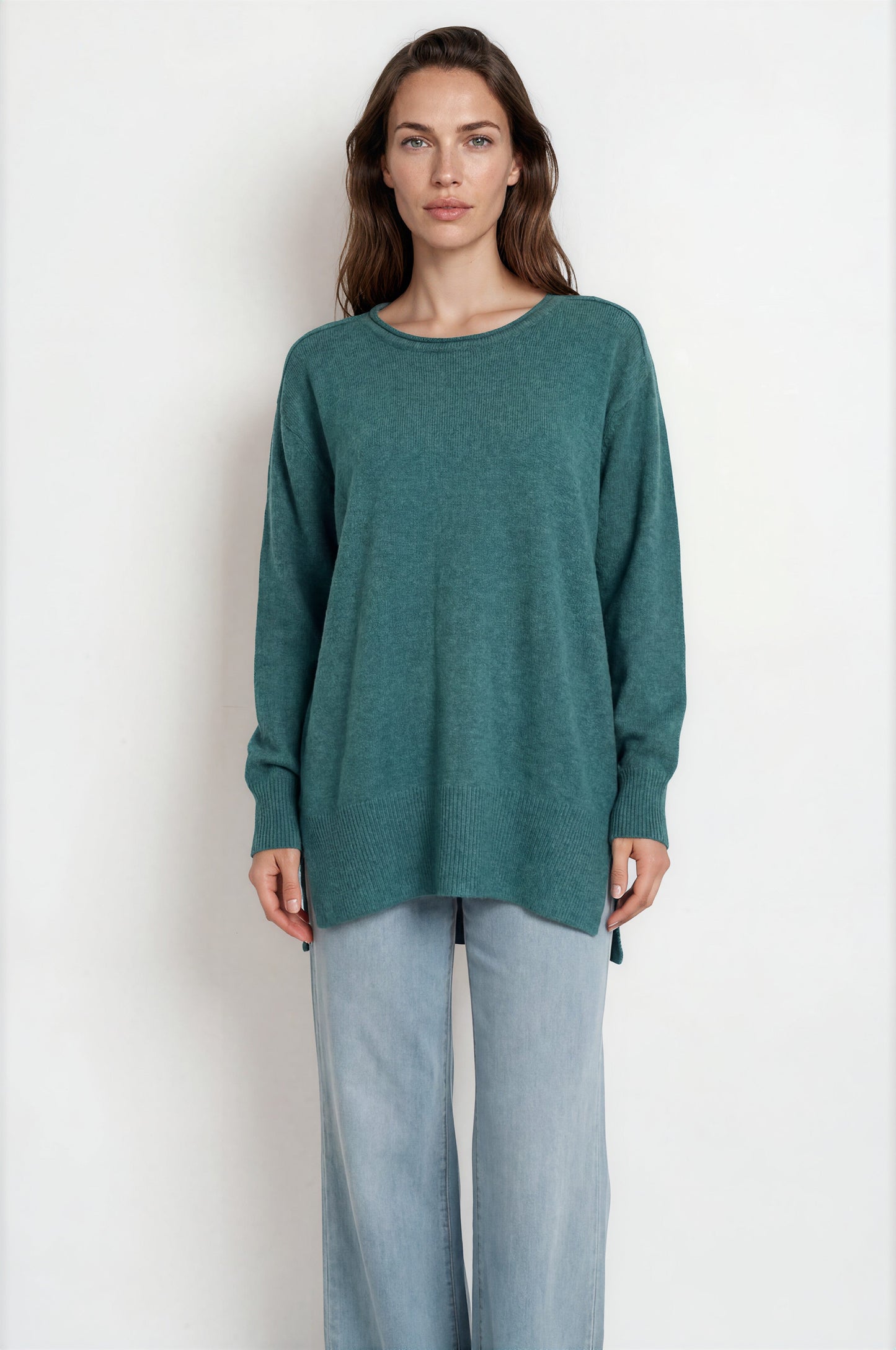 Willow Jumper - Crew Neck Batwing Sleeve Ribbed Step Hemline Knit in Teal