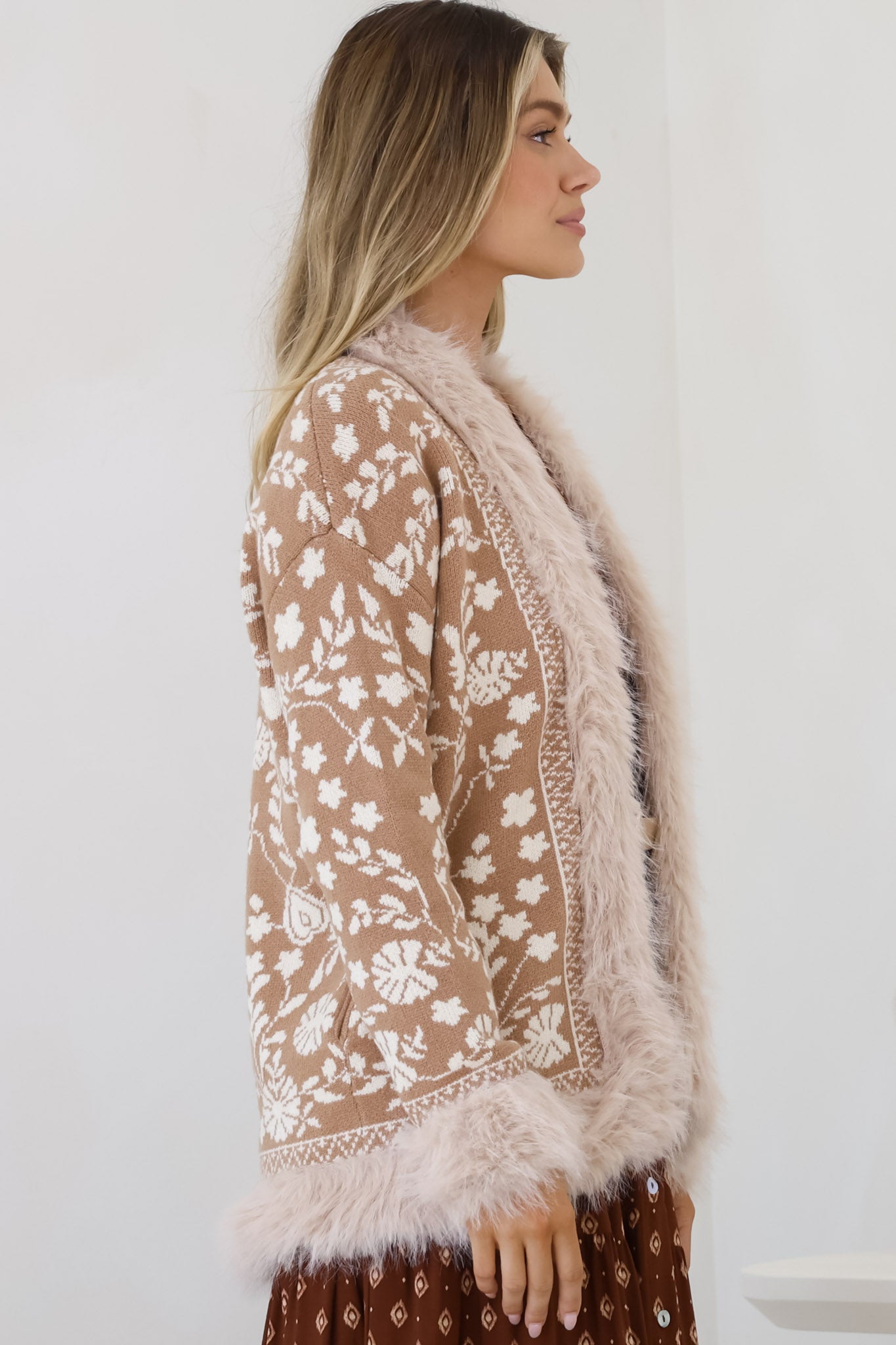 Wolfe Jacket - Faux Fur Trim Open Knit Jacket in Camel