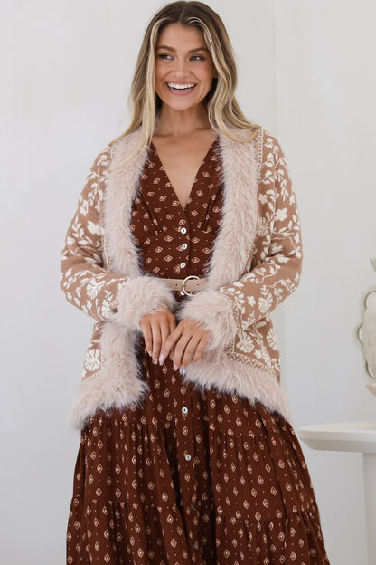 Wolfe Jacket - Faux Fur Trim Open Knit Jacket in Camel