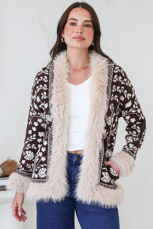 Wolfe Jacket - Faux Fur Trim Open Knit Jacket in Chocolate