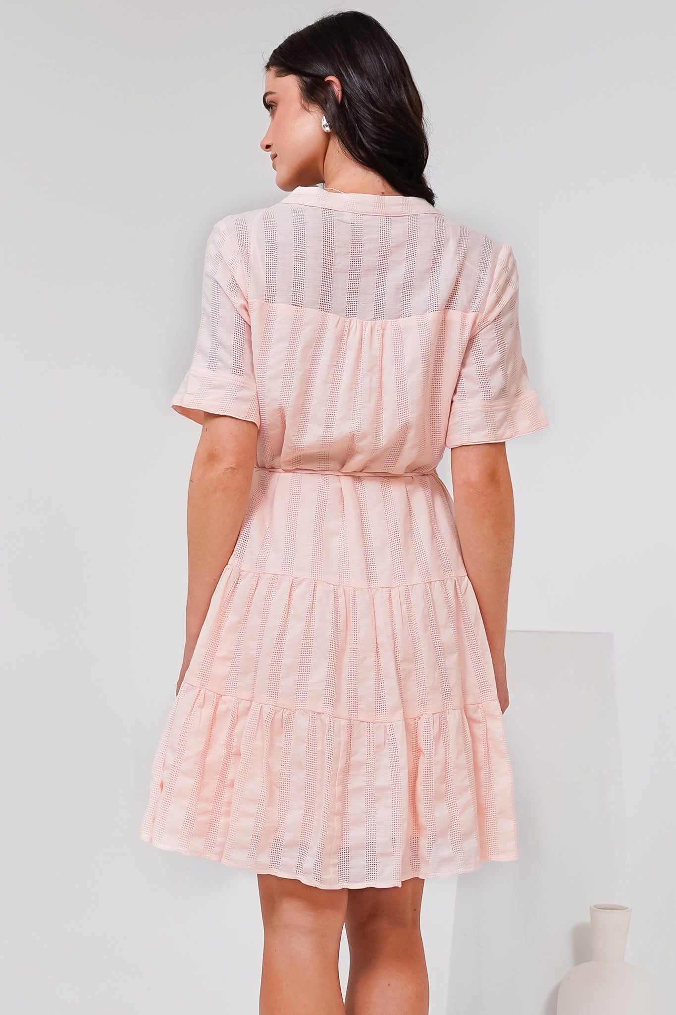 Wyanna Mini Dress - Mandarin Collar Button Down Tiered Dress with Waist Tie in Peach