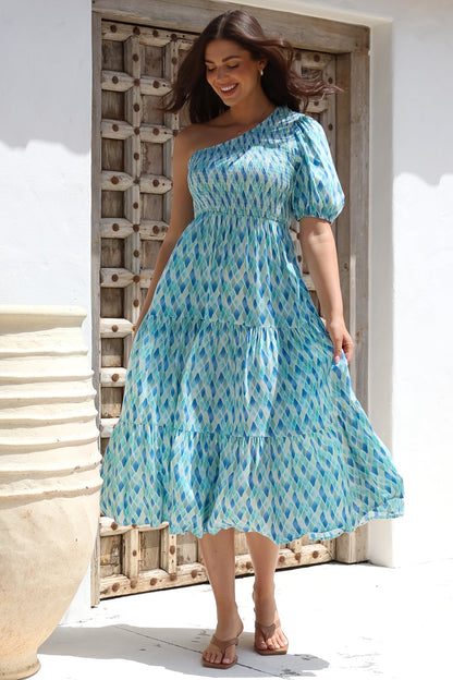 Xanthi Midi Dress - One Shoulder Elasticated Bodice Tiered Dress in Pasha Print
