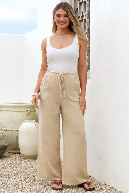 Zafira Pants - High Waisted Cheesecloth Pants with Waist Tie in Beige