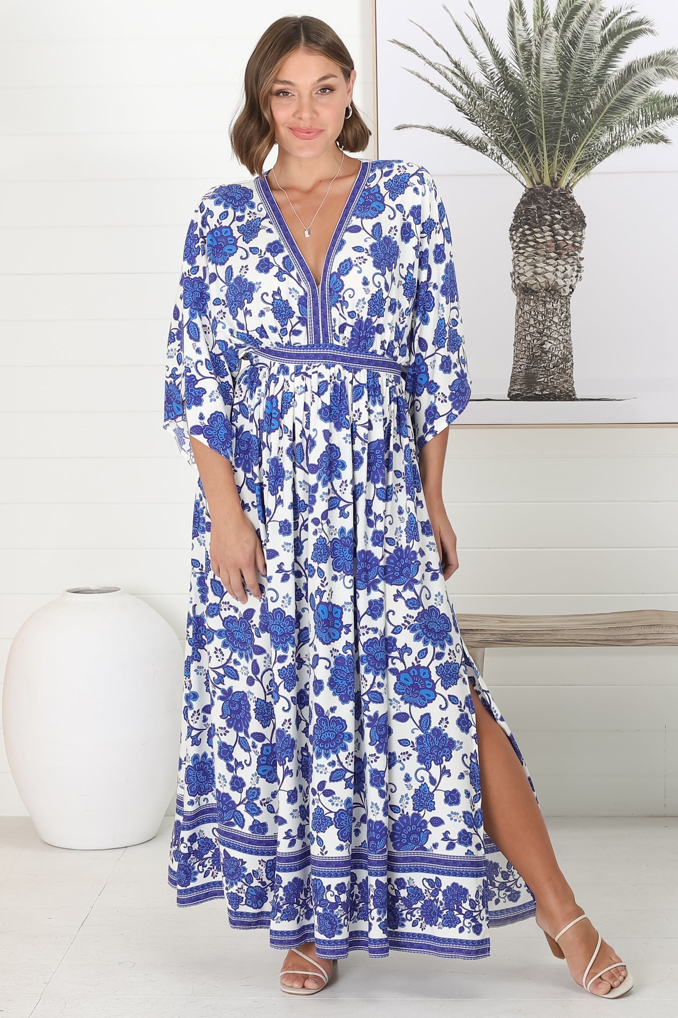 Zelle Maxi Dress - V Neck Batwing Sleeve Dress with Side Splits in Kailin Print Blue