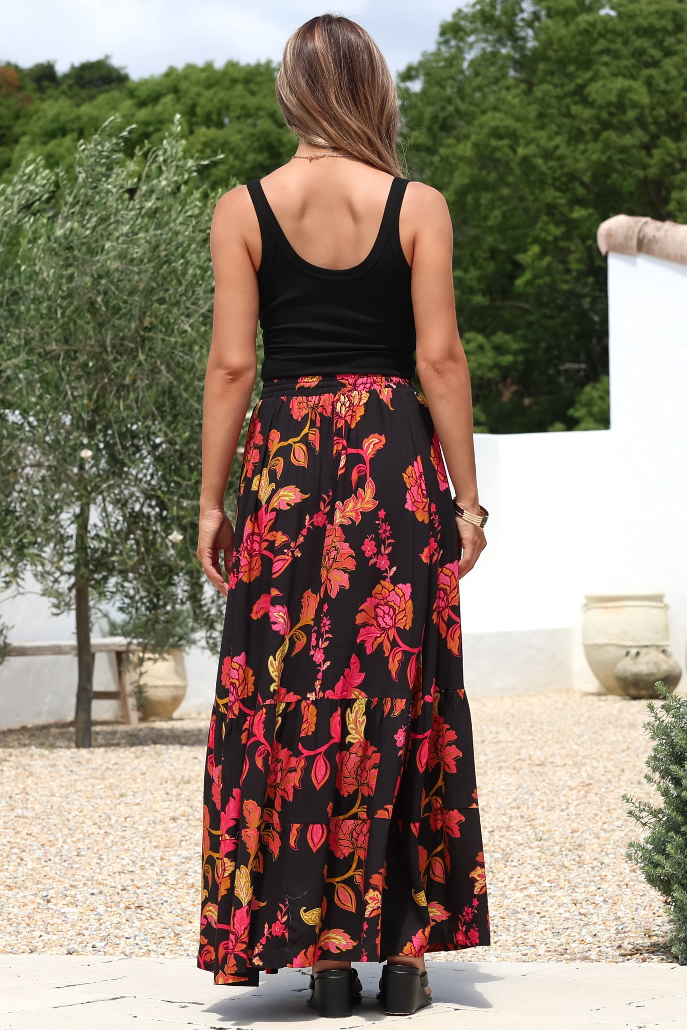 Zia Maxi Skirt - High Waisted Skirt with Tassel Waist Tie and Front Splits in Valerie Print