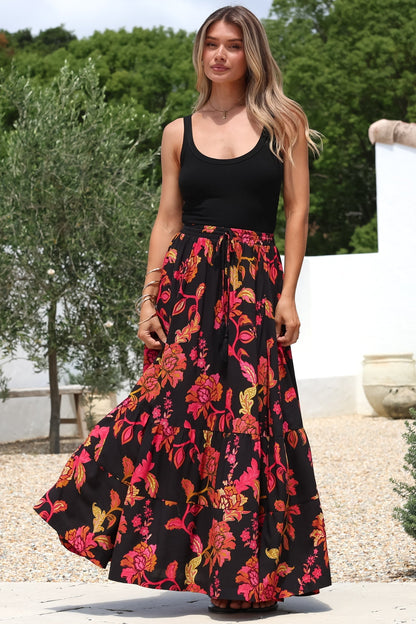 Zia Maxi Skirt - High Waisted Skirt with Tassel Waist Tie and Front Splits in Valerie Print