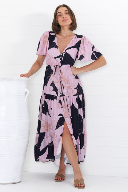 Ziggy Maxi Dress - Cap Sleeve Tiered Dress with Pull Tie Waist in Jaffa Print