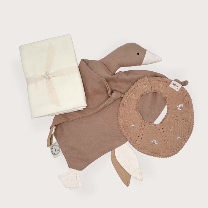 Organic Baby Gift Box featuring a Bliki swan cuddle cloth, muslin cloth and knitted baby bib for newborns