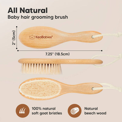 All natural KeaBabies baby hair grooming brush with soft goat bristles and beech wood, perfect for gentle daily grooming.