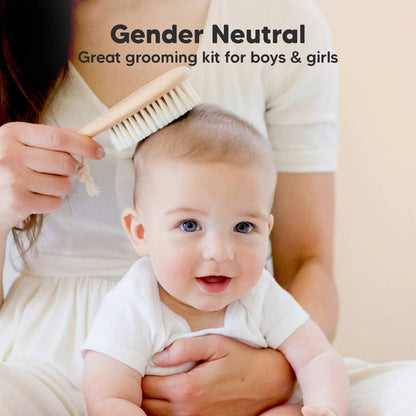 Baby enjoying a gentle grooming with a KeaBabies hairbrush, highlighting its gender-neutral design for boys and girls.
