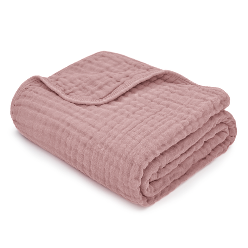 Soft pink muslin cotton blanket by Comfy Cubs, perfect for wrapping and snuggling your baby.
